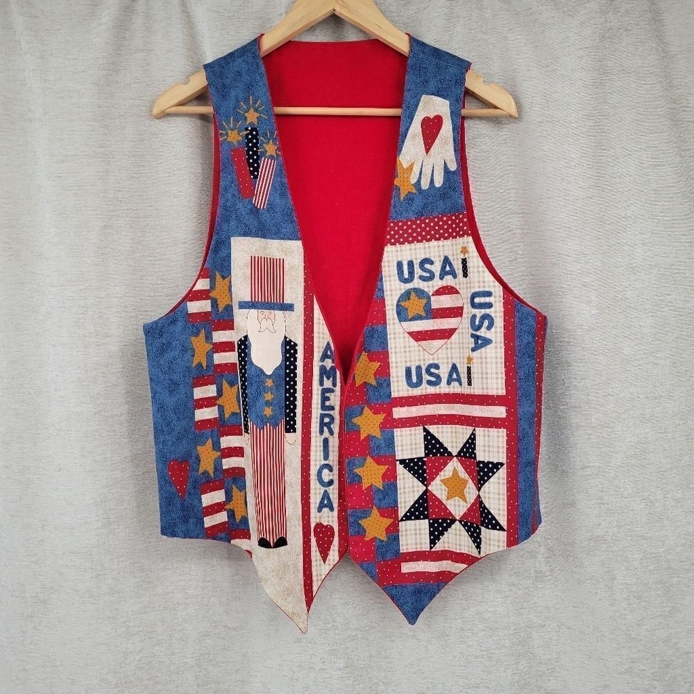 Reversible Patriotic Vest Quilt Patchwork Print Americana and Red Corduroy